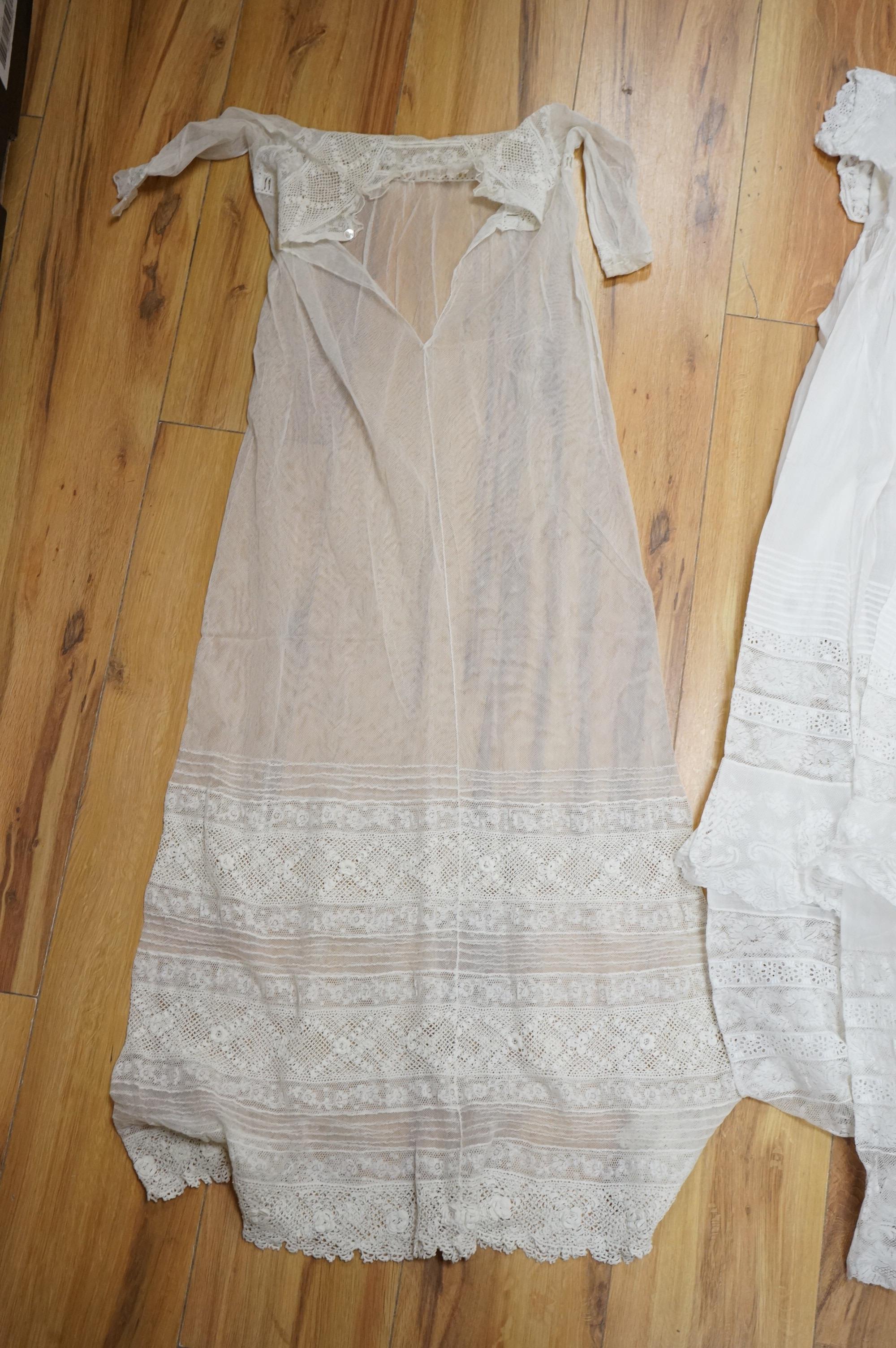 A collection Victorian textiles to include a lace christening gown, Irish crochet and a net baby gown